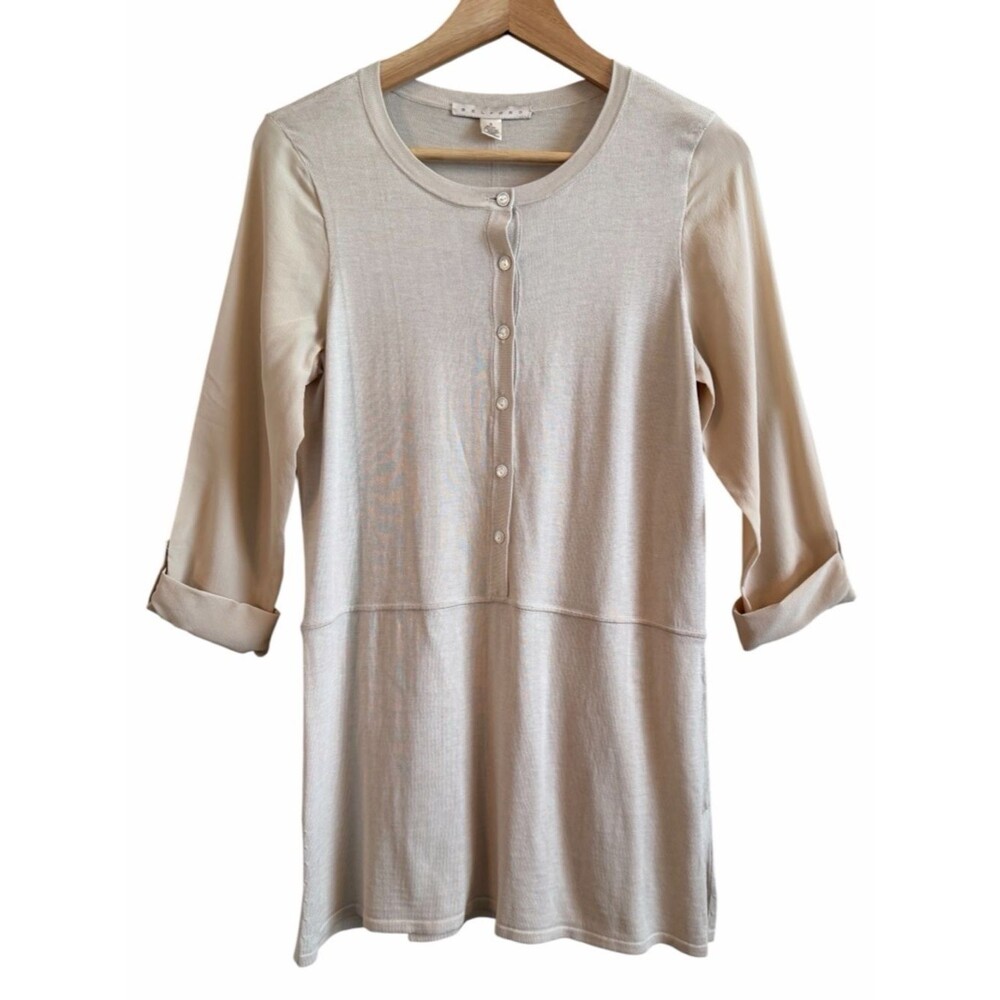 Belford Tunic Top Womens S Knit Beige Tan Silk Cotton Roll Tab Slv Button 2 Tone